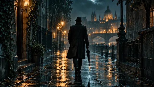 AI原创配图：雨夜街巷中的侦探剪影
